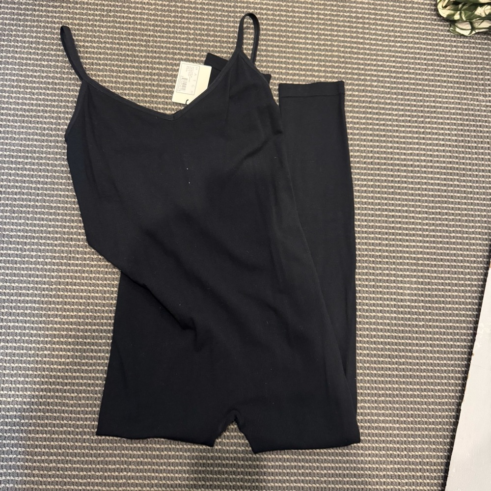 Hatch Black Ribbed Spaghetti-Strap Jumpsuit